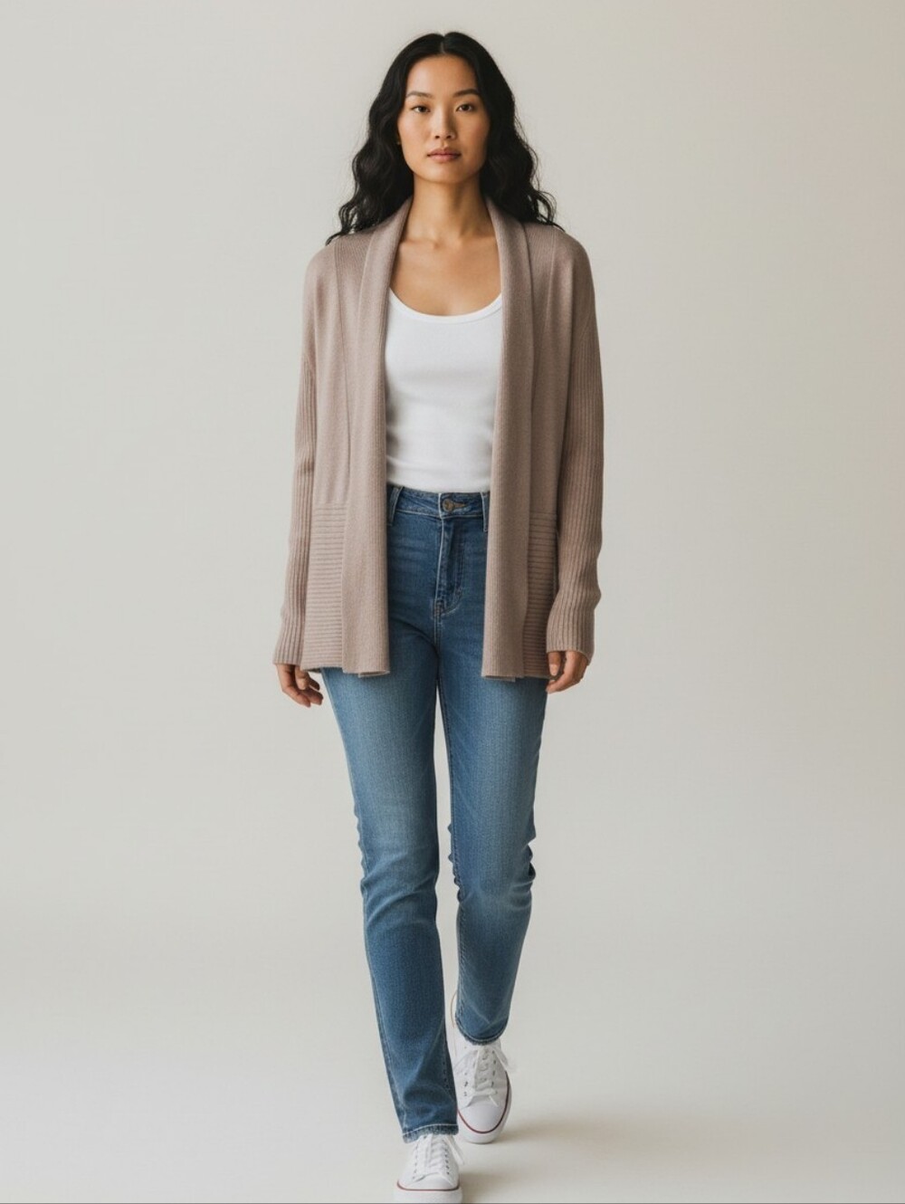 89th & Madison Womens L Taupe Open Front Cardigan Ribbed Knit Long Sleeve